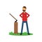 Cartoon woodcutter character standing on green grass with arms akimbo near tree stump with ax