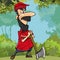 Cartoon woodcutter in the forest is leaning on the axe