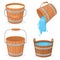 Cartoon wooden buckets. Wood bucket with flowing water or milk, empty pail stream spa sauna bathtub tub barrel jar pot