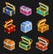 Cartoon wooden chests set isolated on dark background