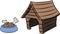 Cartoon wooden dog house and a dog bowl full of food and bones