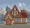 Cartoon wooden little shack in the night woods simbol. icon