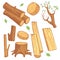 Cartoon wooden materials, lumber, firewood, wood stump vector set