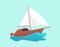 Cartoon wooden motorboat with white sail riding a blue water wave
