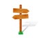 Cartoon wooden signpost with grass. Isolated arrow sign vector illustration.