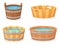 Cartoon wooden tub. Wood vats with hot water, rustic baths woodens basins round handmade bathtub for wash sauna steam