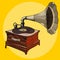 Cartoon wooden vintage gramophone with curved plate