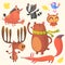 Cartoon woodland animals set. Vector illustration of boar, badger, blue bird, elk moose, bear, owl and fox