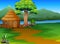 Cartoon woods cabin by the river with mountains landscape background