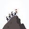 Cartoon working little people trying to climb up mountain holding each others hands. Vector illustration for business design