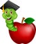 Cartoon Worm wearing a graduation cap crawling out of an apple