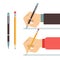 Cartoon writing hands with pen and pencil flat vector illustration