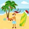 Cartoon xmas reindeer protecting skin from sun on sunny beach