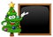 Cartoon xmas tree presenting blank chalkboard blackboard isolated