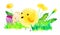 Cartoon yellow baby chicken with painted easter eggs, dandelions and grass. Hand drawn watercolor cartoon sketch illustration