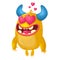 Cartoon yellow horned monster in love. St Valentines vector illustration of loving monster.