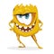 Cartoon yellow monster. Bacteria with large eyes, teeth, hands, feet. Microorganism on a white background.