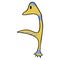 Cartoon yellow ostrich bird with blue feather stripes stands and points to something.