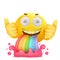 Cartoon yellow smiley face emoji character with rainbow vomiting