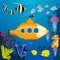 Cartoon yellow submarine underwater. Submarine background with fish
