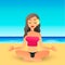 Cartoon young beautiful girl on beach practicing yoga. Flat women meditates and relaxes. Physical and spiritual therapy