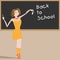 Cartoon young beautiful woman teacher near blackboard.