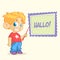Cartoon young blond boy character in casual style clothes pointing whiteboard. Vector illustration of a small boy