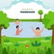 Cartoon Young Boys Playing On River Or Sea And Nature View For Happy Monsoon