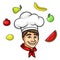 Cartoon young chef in toque with fresh fruits