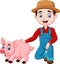 Cartoon young farmer with a pig