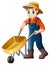 Cartoon young farmer pushing a wheelbarrow