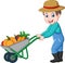 Cartoon young farmer pushing a wheelbarrow full of vegetables