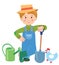 Cartoon young farmer. Watering can. Shovel. Farmer.