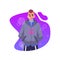 Cartoon young guy with diagram on his face. Vector isolated Cyberpunk illustration, cyborgs people on purple gradient