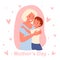 Cartoon young happy mom holding baby boy in hands with love, mother loving and hugging baby kid, pink greeting card