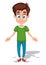 Cartoon young man character with open arms in the green shirt