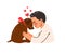 Cartoon young man hugging dog