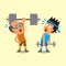 Cartoon young man and old man doing weight training