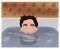 Cartoon of a young man sunken in bathtub. Water reflection