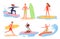 Cartoon young man woman characters in bikini surfing on surfboards, float on ocean wave, summertime cruise collection