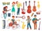 Cartoon young singers with microphones and musician characters w