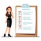 Cartoon young standing woman thinking about time management. Businesswoman have problems with her to do list