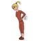 Cartoon young white woman with a sore back in a tracksuit sticker. White background isolated  illustration