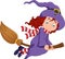 Cartoon young witch flying with a broom