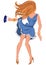 Cartoon young woman in blue dress with hair blown by wind