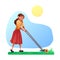 Cartoon young woman mowing grass with lawn mower