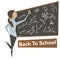 Cartoon young woman near school blackboard