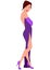 Cartoon young woman in purple evening dress with open back