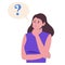 Cartoon young woman thinking with question mark in speach bubble. Girl thinks about problem and doubts. Woman and