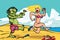 Cartoon zombie chasing a girl on the beach